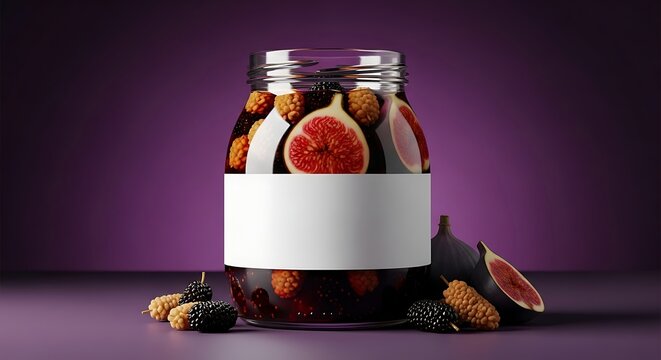 Jar of preserved figs and berries with blank label