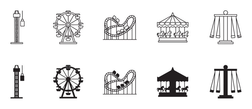 Amusement park ride icons set in black and white featuring a ferris wheel, roller coaster, carousel, drop tower, and swing ride in outline and solid silhouette styles