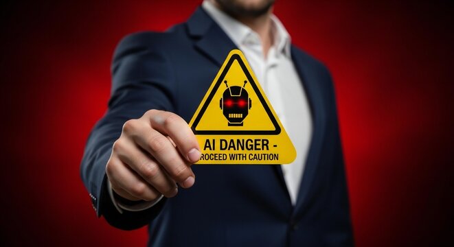 A businessman holds up a striking yellow triangular warning sign indicating "AI DANGER - PROCEED WITH CAUTION" against a red background.