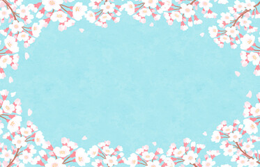 桜の花と水色背景のフレーム　春　水彩