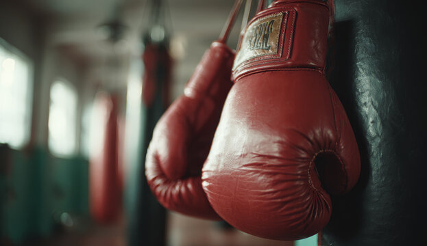 Red boxing gloves hanging on a punching bag in a gym, showing textured leather material and vibrant color