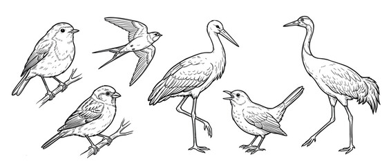 Fototapeta premium Collection of various hand-drawn birds including a crane, stork, swallow, and songbirds in a detailed black and white line art illustration style for ornithology or nature concepts