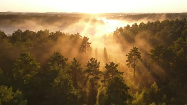 Aerial drone flight over a misty pine forest at sunrise with golden sun rays piercing through the fog.