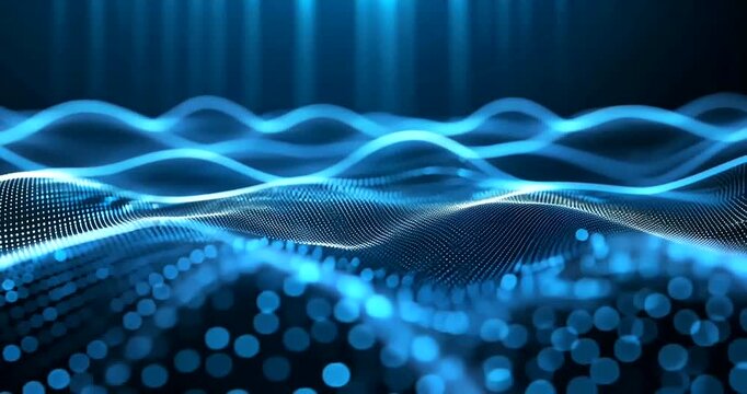 Dynamic Blue Digital Waveform Visualization in a Futuristic Virtual Environment
