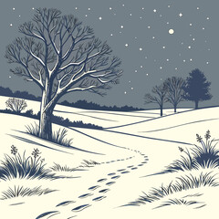 Minimalist vector art of a serene arctic night landscape, featuring clean lines and a sense of quiet exploration. © Aaaa