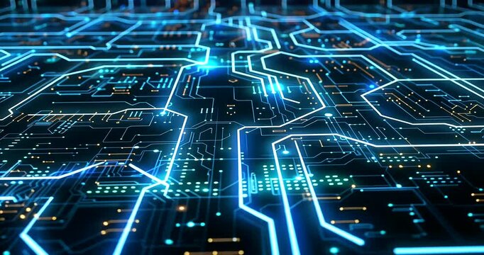 Blue Glowing Digital Circuit Board Abstract Concept for Data Processing and Advanced Technology