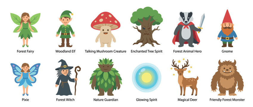 Set of cute fantasy forest characters featuring a fairy, elf, gnome, witch, and magical creatures in a charming flat vector illustration style for fairytales