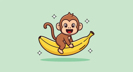 Cute Monkey Riding a Banana Cartoon Illustration. © Caroline Studio