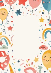Whimsical hand-drawn border with smiling balloons, rainbows, and stars. Perfect for kids' birthday invitations, nursery decor, and festive greeting cards with a cute, colorful doodle aesthetic