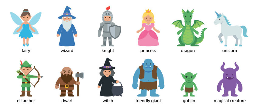 Colorful set of fantasy and fairytale characters featuring a fairy, wizard, knight, princess, dragon, unicorn, elf, dwarf, witch, giant, goblin, and monster in a cute flat icon style