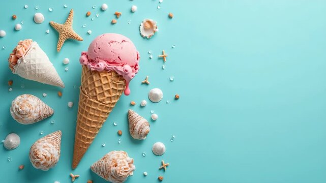 Creative summer layout with sea shells and icecream cone on bright blue background. Minimal fish concept. Flat lay..