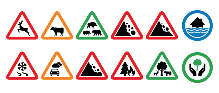 Collection of traffic and warning signs for various hazards including animal crossings, natural disasters, and adverse weather conditions, presented as a colorful vector icon set