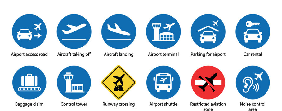 Collection of airport and aviation signs showing pictograms for terminal, takeoff, landing, parking, car rental, baggage claim, and runway crossing information for travelers