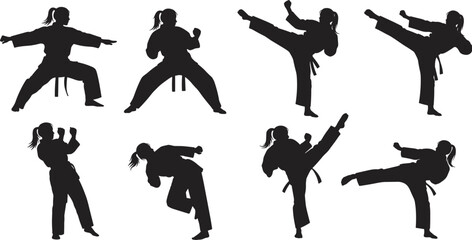 Martial arts silhouette poses, black and white vector, karate kick stance, traditional uniform illustration, combat training movement, discipline and strength artwork © Shuvo's World