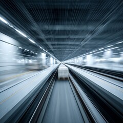 Obraz premium Dynamic Perspective of Fast-Moving Train in Modern Railway Station