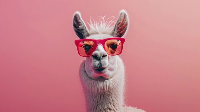 A llama wearing fashionable pink sunglasses against a vibrant pink background.