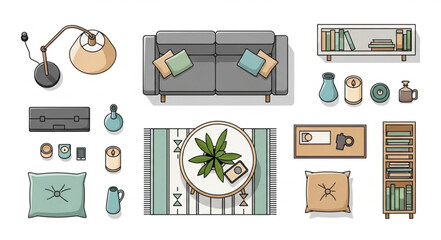 Top view of modern living room furniture and decor elements. © Dibgi