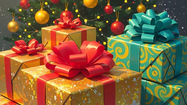 A stack of colorful gift boxes with ribbons sits in front of a decorated Christmas tree, creating a festive scene.