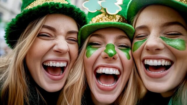 Joyful celebration of st. patrick's day with friends in festive green attire and shamrock decorations
