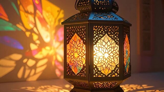 Ornate l lantern casts colorful light patterns on the wall, creating a festive and spiritual atmosphere.