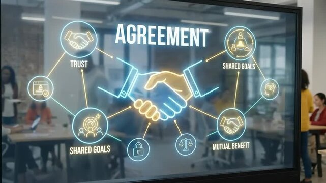Business meeting with diverse professionals discussing agreement concepts, showcasing handshake graphics and key terms like trust and shared goals on a digital screen in a modern office