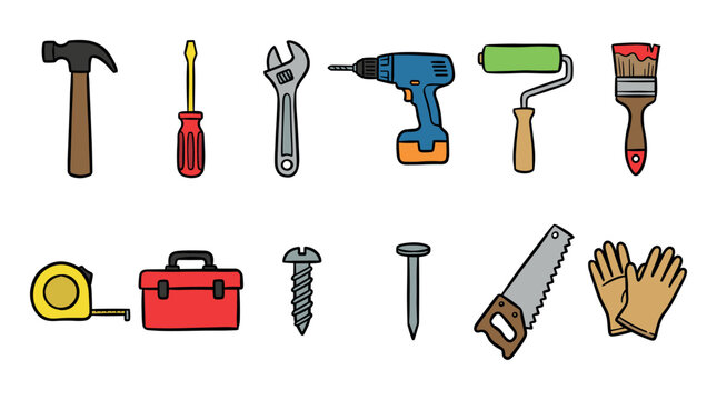 Colorful cartoon collection of various tools for construction and home repair, including a hammer, drill, saw, and paintbrush in a simple hand-drawn doodle style illustration
