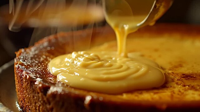 A sweet caramel sauce being poured onto a cheesecake in a close-up shot