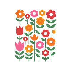 set of colorful flat flower illustrations with leaves on white background