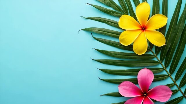 Creative layout of colorful tropical flower on bright blue background. Summer tropical composition with copy space. Flat lay minimal. Summer Holiday concept..