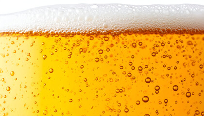 Close-up macro of beer foam and bubbles, bright white background, crisp carbonation texture, beverage marketing background, professional studio lighting, realistic stock image