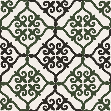 Dense Central Asian Nomadic Seamless Pattern with Repeating Ram Horn Ornaments