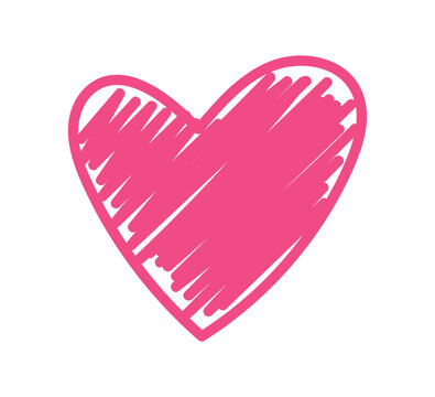 Pink scribble heart vector illustration with hand drawn shading strokes on white background. Cute design for Valentine cards, stickers, posters and social media.
