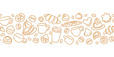 Vector seamless pattern. Cup of coffee, croissant