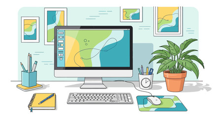 Modern Home Office Desk with Computer, Potted Plant, and Artwork in a Cozy Interior