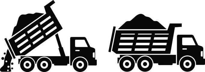 Construction dump truck illustration, heavy duty tipper trucks carrying soil and gravel, transportation logistics concept, flat vector illustration design icon © Creative Soul