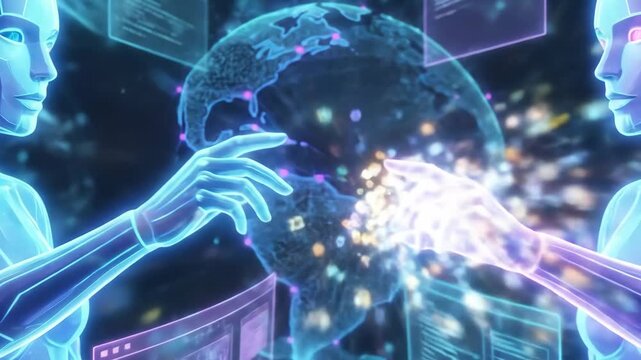 Futuristic humanoid robots interact with a glowing globe while exchanging digital data, surrounded by holographic screens displaying information and connections in a high-tech environment
