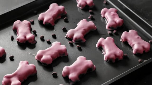 Pink iced cookie dough on a baking sheet.