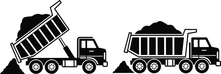 Construction dump truck illustration, heavy duty tipper trucks unloading soil and gravel, industrial logistics transportation concept, flat vector illustration icon © Creative Soul