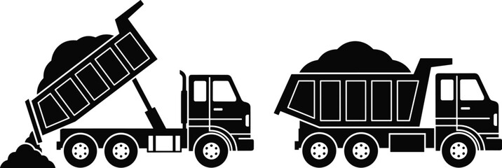 Construction dump truck illustration, heavy duty tipper trucks unloading soil and gravel, industrial transportation logistics concept, flat vector illustration icon © Creative Soul