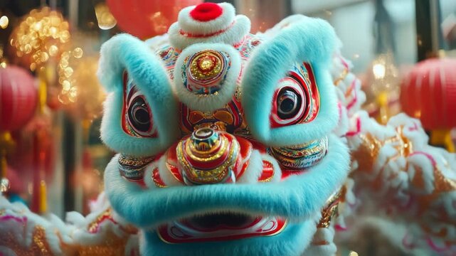 Colorful dragon mask with intricate details and red accents. Perfect for festivals and performances.