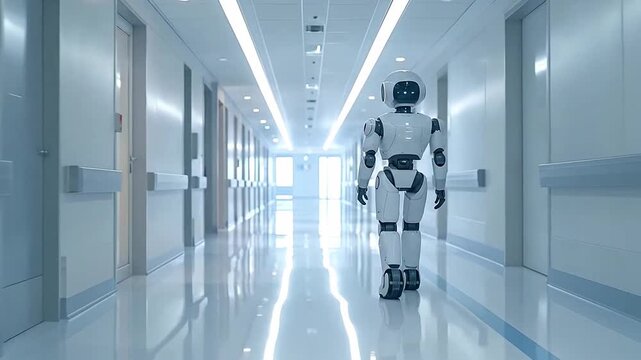 A futuristic white robot walks down a brightly lit hospital corridor, showcasing advanced technology and healthcare