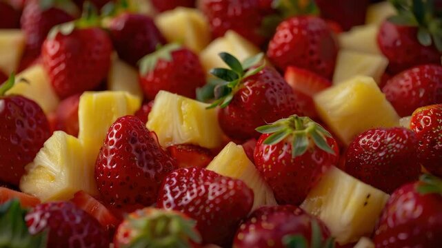 A vibrant mix of ripe strawberries and juicy pineapple chunks.