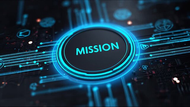Futuristic glowing mission button on digital circuit background technology concept