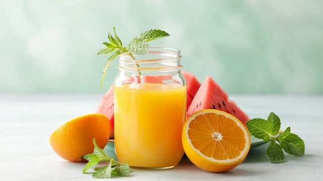 Refreshing watermelon and citrus summer drink with fresh mint on a plate