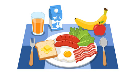 Set upon a blue placemat, this appetizing vector illustration depicts a complete breakfast spread with eggs, bacon, sausage, toast, and salad, paired with a glass of juice, milk, and fresh whole fruit