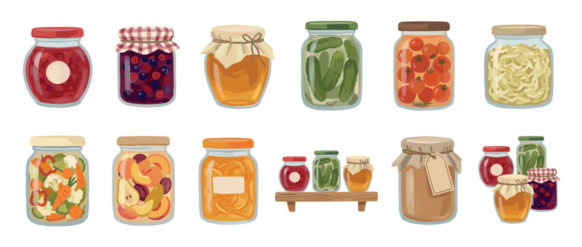 Collection of illustrated glass jars with homemade preserves, including pickled vegetables, fruit jam, honey, and compote in a charming, rustic cartoon style for pantry concepts
