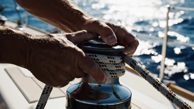 Close up of weathered hands operating a boat winch on a bright sunny day at sea