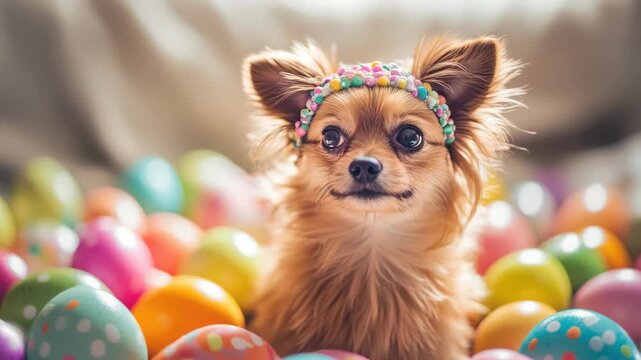 A small brown dog wearing a colorful beaded headband is sitting in a basket filled with multicolored Easter eggs. The dog has a happy expression and is looking directly at the camera.
