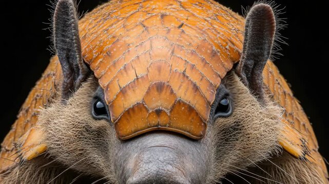 A detailed of the head of a wild animal, showcasing its unique features.