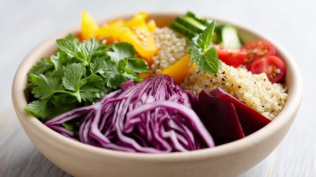 Vibrant quinoa veggie bowl with fresh herbs and colorful vegetables